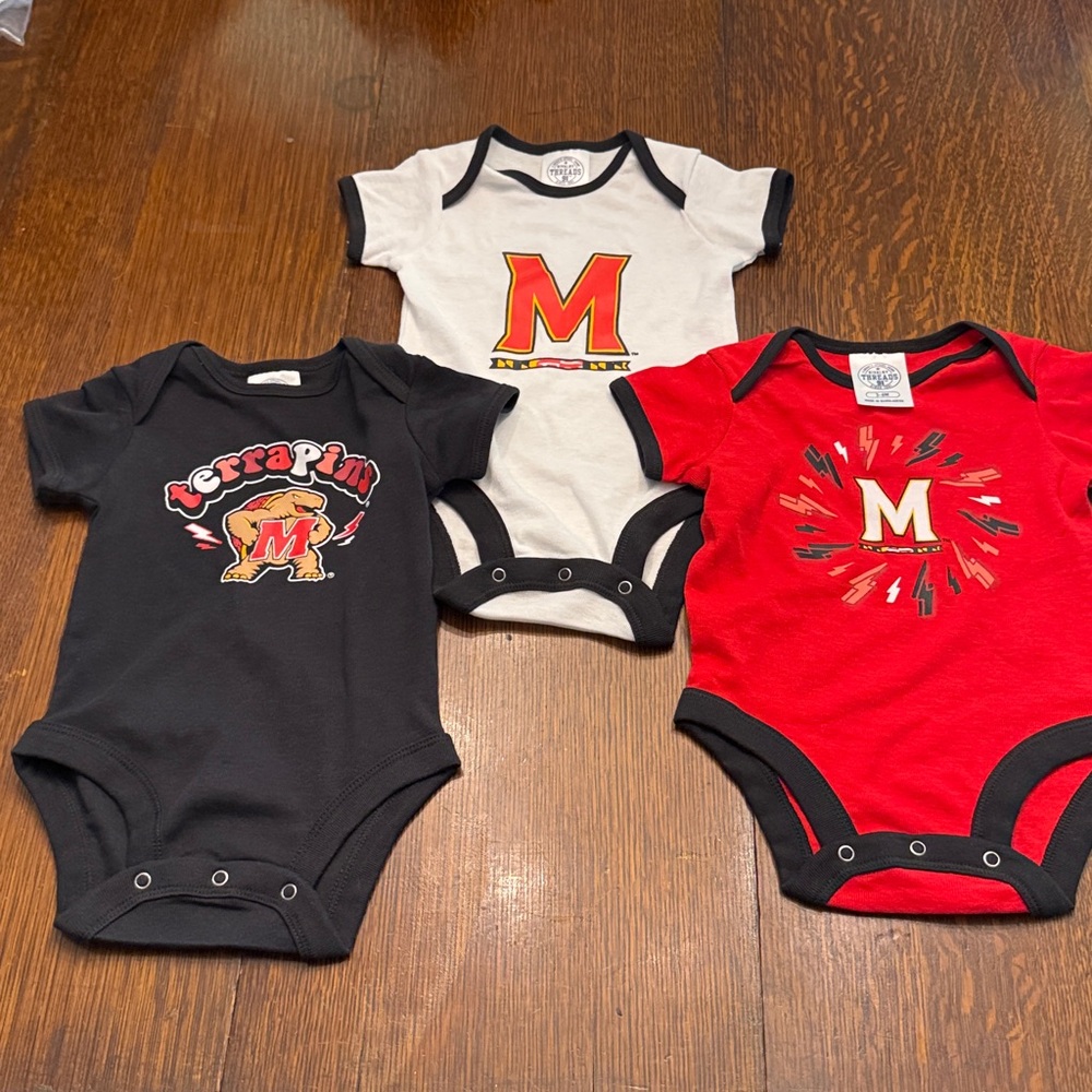 A cute 3 piece lot of Maryland Terrapins onesies- new without tags, 3-6 mos